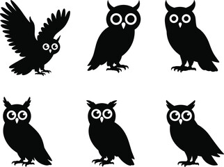 Owl silhouette illustration set, perched and flying bird vector, black and white design, expressive eye detail, nocturnal wildlife pose pack