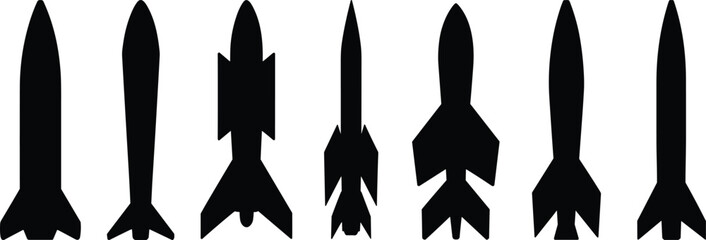 Rocket silhouette illustration set, multistage aerospace vector, black and white design, aerodynamic fin variation, space launch vehicle shape pack