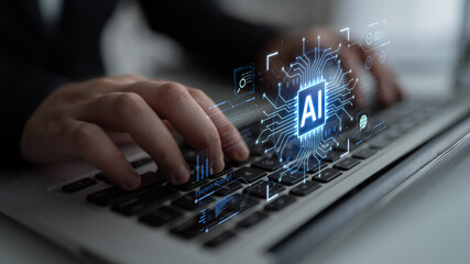A futuristic AI core processor and system analytics dashboard. This concept highlights the raw processing power of AI for deep data analysis, system diagnostics, and global network monitoring. Fermion