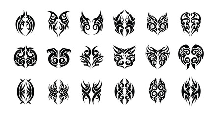 Vector tribal tattoo designs collection, abstract animal symbols, black ink, symmetrical patterns, graphic art style, isolated on white background