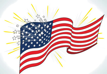 Vector illustration of American flag waving with fireworks celebration, patriotic graphic design, isolated on white background, festive festive concept