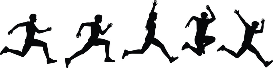 Running silhouette sequence, jumping motion illustration, athletic figure vector, dynamic movement stages, black and white design, sports biomechanics, action pose set