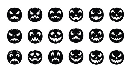 Vector collection of Halloween pumpkin faces with scary and funny expressions, graphic design set, isolated on white background, digital illustration
