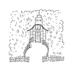 Fototapeta premium Whimsical dwelling atop hill, enchanting architecture nestled amidst lush greenery, creating