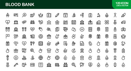 Blood Bank Icons – Professional Line Icon Set – Modern, Minimal Vector Collection for Medical Donation, Transfusion, and Healthcare Systems