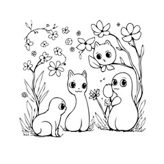 Whimsical garden exploration featuring adorable creatures amidst delightful botanical elements