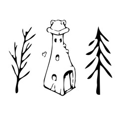 Whimsical hand drawn illustration of a fairy tale castle with bare branch and evergreen tree