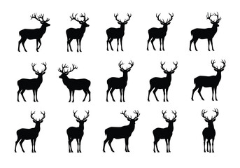Vector silhouettes of multiple majestic deer with antlers in various poses, isolated on white background, graphic animal design, nature wildlife vectors