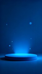 A minimalist blue-lit circular platform with glowing effects in a dark environment