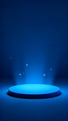 A circular platform illuminated by blue light in a dark space with glowing particles