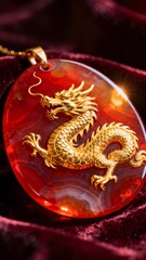 Golden dragon pendant embedded in red agate stone on velvet background