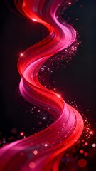 Abstract red flowing ribbon with glowing particles on dark background