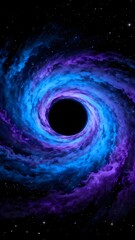 A swirling cosmic vortex with a black hole at its center, surrounded by vibrant blue and purple nebulae against a star-filled space background.