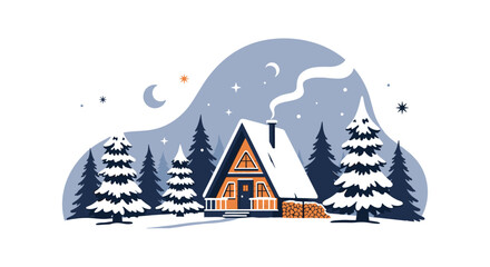 Cozy A-frame cabin in a peaceful snowy winter forest at night, with smoke from the chimney and a starry, moonlit sky.