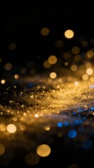 Golden bokeh lights shimmering on a dark background with scattered sparkles and soft glow