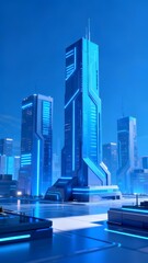 Futuristic cityscape with illuminated skyscrapers and neon blue lighting at night