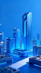 Futuristic cityscape with illuminated skyscrapers under a blue sky