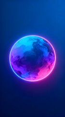 A stylized planet with vibrant blue and pink hues glowing against a dark background