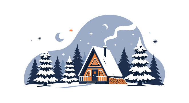 Cozy A-frame cabin in a peaceful snowy winter forest at night, with smoke from the chimney and a starry, moonlit sky.