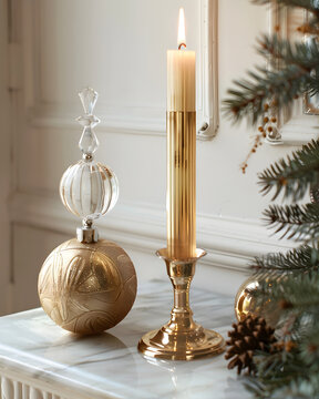 Elegant Christmas Candle and Ornament Decor &ndash; Cozy Holiday Table Setting in Neutral Tones