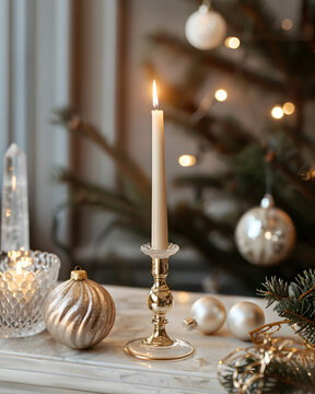 Elegant Christmas Candle and Ornament Decor &ndash; Cozy Holiday Table Setting in Neutral Tones