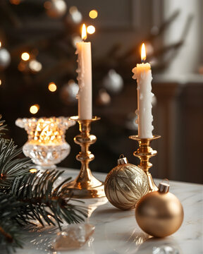 Elegant Christmas Candle and Ornament Decor &ndash; Cozy Holiday Table Setting in Neutral Tones
