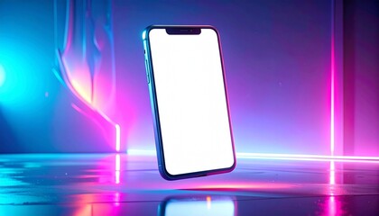 Smartphone with a blank screen in a neon light environment, perfect for your app or design