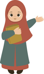 Illustration of Girl Wearing Hijab Holding Book with Raising Hand