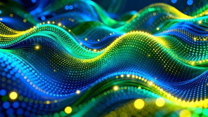 Abstract digital waves with glowing dots in vibrant blue and green hues