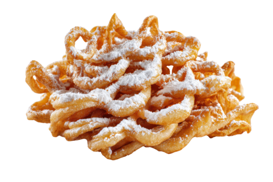 Golden fried funnel cake pastry dusted with white powdered sugar image, Isolated On Transparent Background, Png Cut Out