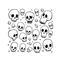 Whimsical skulls pattern with rounded shapes creating spooky yet playful composition ideal for