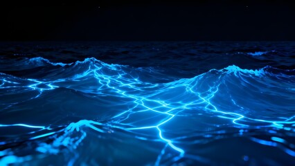 Glowing blue electric patterns on a dark ocean surface at night