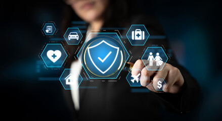 Security and insurance concept showing protection coverage for health, travel, home, car, life, and financial safety, emphasizing trust and policy assurance Latch