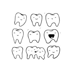 Whimsical tooth characters smile with expressions, illustrating dental care and hygiene, fostering