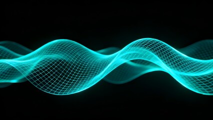 Abstract glowing blue wave pattern with grid structure on dark background
