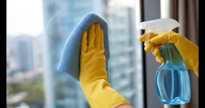 Hand in yellow glove cleans window with blue liquid spray and cloth