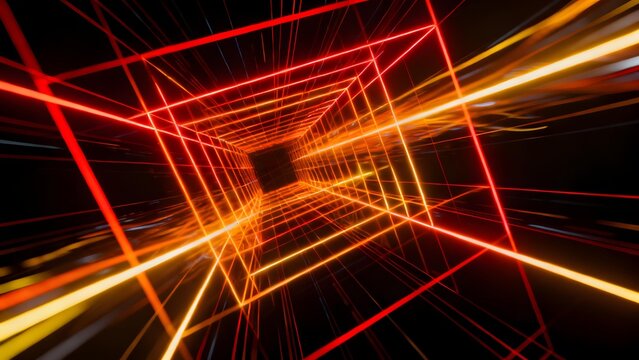 Neon grid tunnel with red and orange light lines creating a futuristic perspective effect