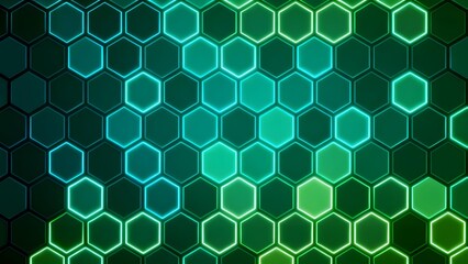 Abstract hexagonal pattern with glowing teal and green gradients on a dark background