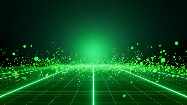 Digital green grid pathway with glowing particles and futuristic light effects