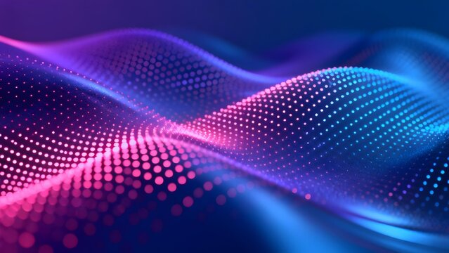 Abstract digital wave pattern with glowing dots in vibrant purple and blue hues