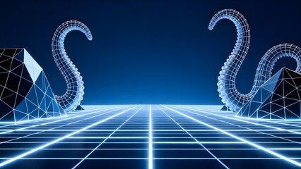 Digital wireframe tentacles emerging from geometric pyramids on a glowing grid floor