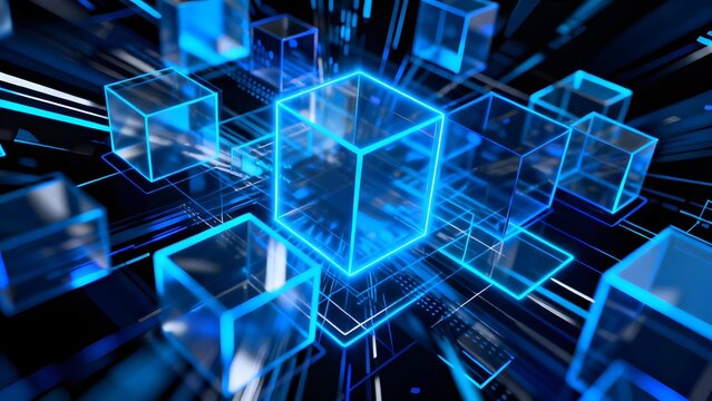 Abstract digital cubes with glowing blue lines in a futuristic network pattern