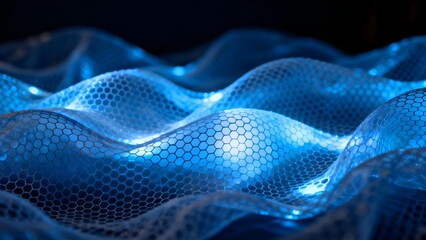 Blue hexagonal mesh structure with wavy, illuminated surface