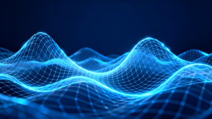 Abstract blue wave pattern with glowing grid lines on a dark background
