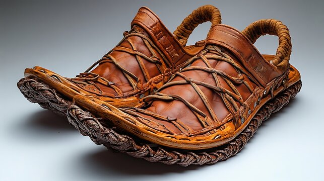Ornate Handmade Brown Leather Sandal Pair with Woven Detail on a Light Background