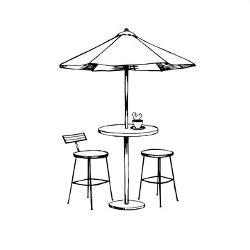 Architectural Blueprint Style

A blueprint-style black-and-white drawing of a caf&eacute; patio. Technical line art showing a round table, umbrella, and two bar stools in precise symmetry. Minimalist and mod