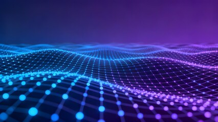 Abstract digital wave pattern with glowing dots and grid lines in blue and purple hues