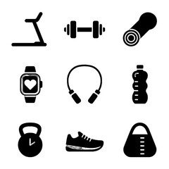Set of fitness and exercise-related icons including treadmill, dumbbell, yoga mat, smartwatch, headphones, water bottle, kettlebell, sneaker, and gym bag