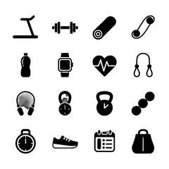 Set of fitness and workout-related icons including equipment, accessories, and health monitoring items.