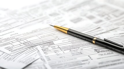 Pen Resting on White Forms with Hand Writing Detailed Paperwork Layout Close up